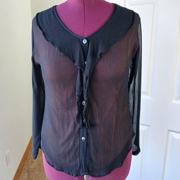 Vintage 1990s Phool Ruffle Collar Blouse M sheer black button up orange lining - Picture 5 of 15